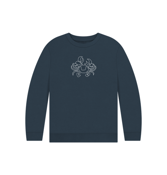 Navy Blue Kid's Crab Organic Cotton Crewneck Sweater (White)