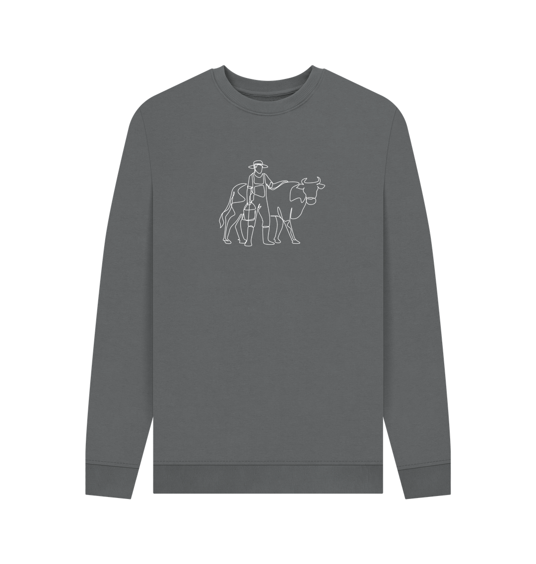 Slate Grey Men's Cow Crewneck Sweatshirt - White