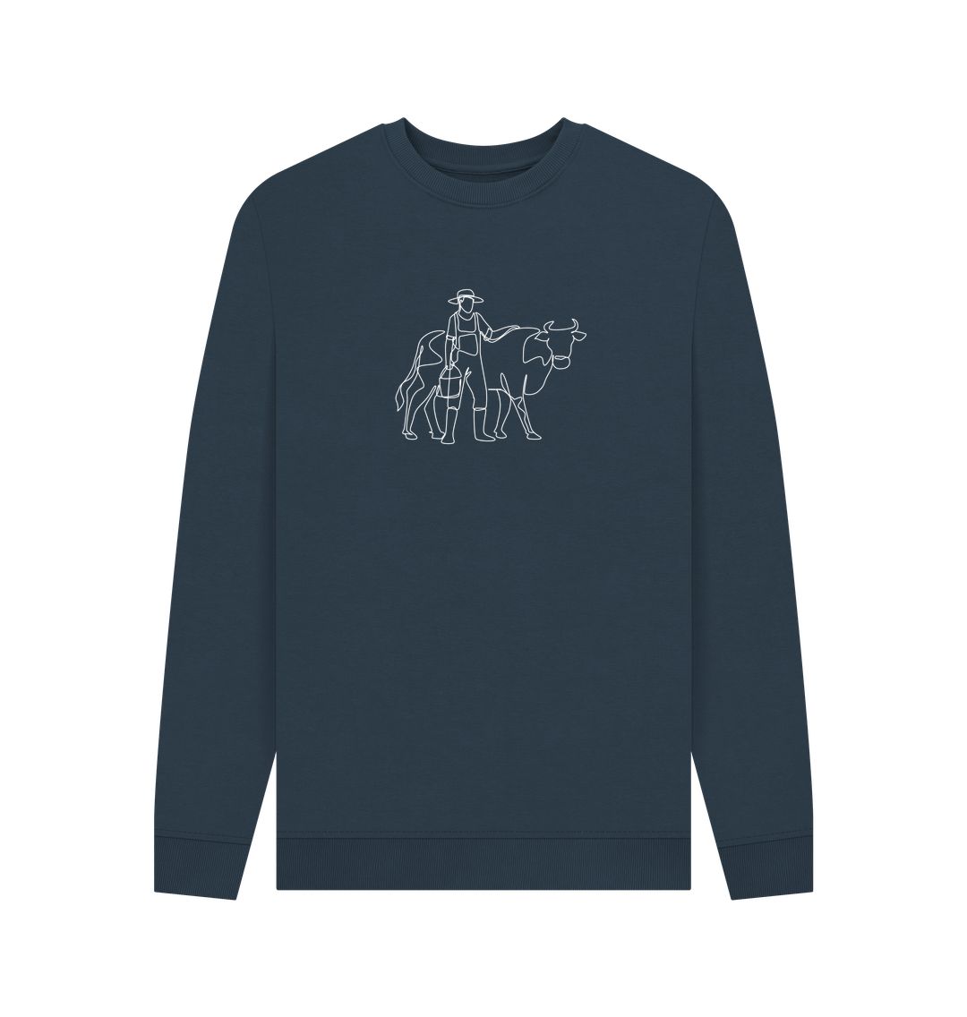 Navy Blue Men's Cow Crewneck Sweatshirt - White
