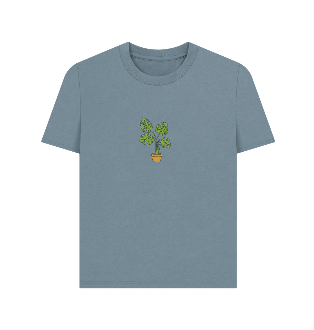 Stone Blue Women's Monstera Organic Cotton Basic Tee - Black Design