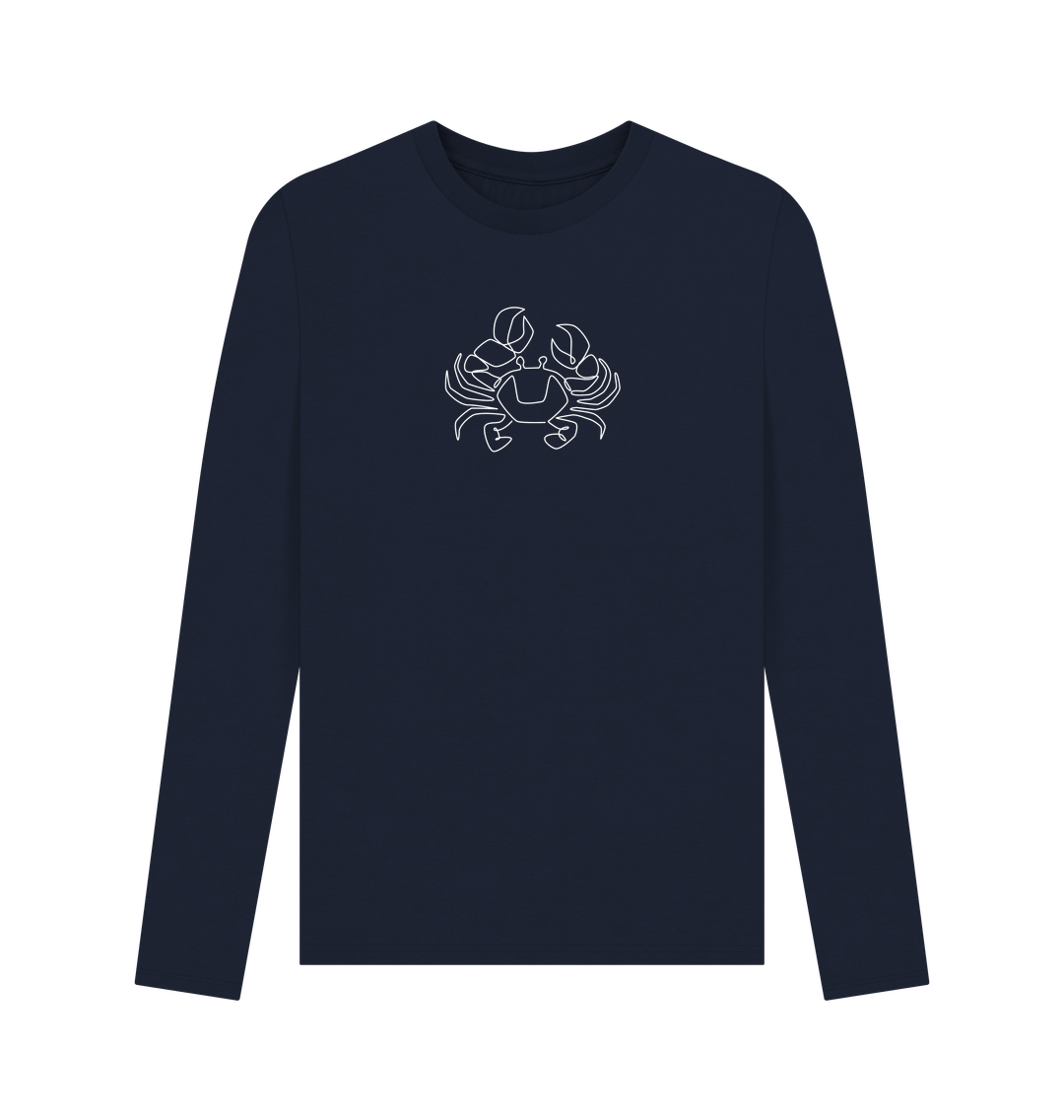 Navy Blue Men's Crab Organic Cotton Long Sleeve Tee - White Design