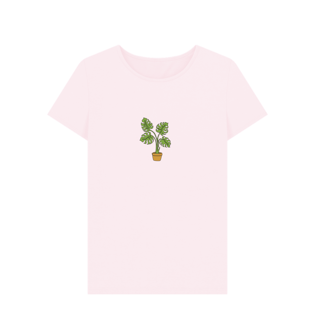 Pink Women's Monstera Organic Cotton Crewneck Tee - Black Design