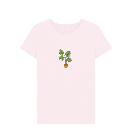 Pink Women's Monstera Organic Cotton Crewneck Tee - Black Design