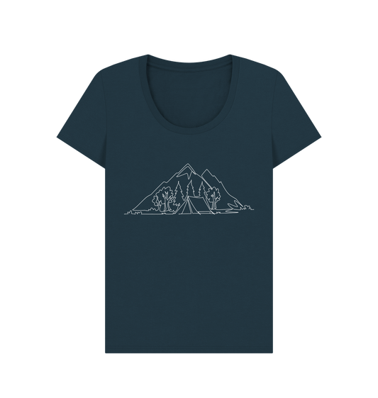 Denim Blue Women's Camping Scoop Neck T-Shirt - White