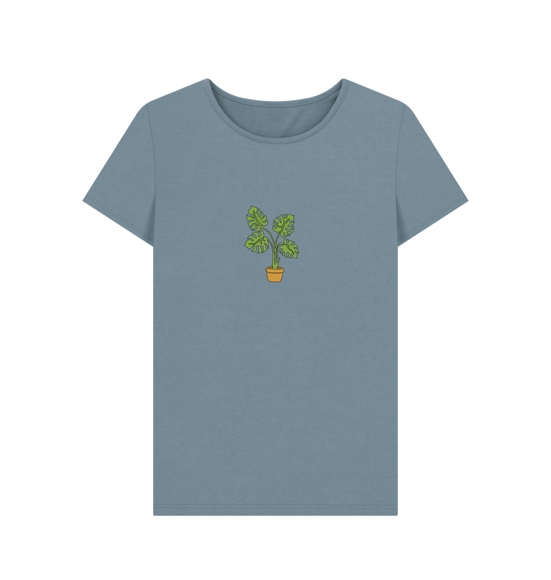 Stone Blue Women's Monstera Organic Cotton Crewneck Tee - Black Design