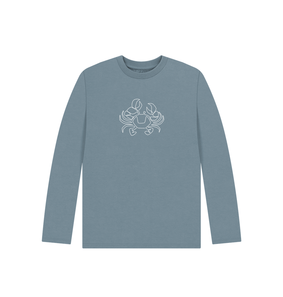 Stone Blue Kid's Crab Organic Cotton Long Sleeve Tee (White)