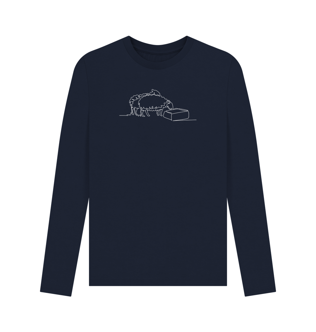 Navy Blue Men's Sheep Organic Cotton Long Sleeve Tee - White Design
