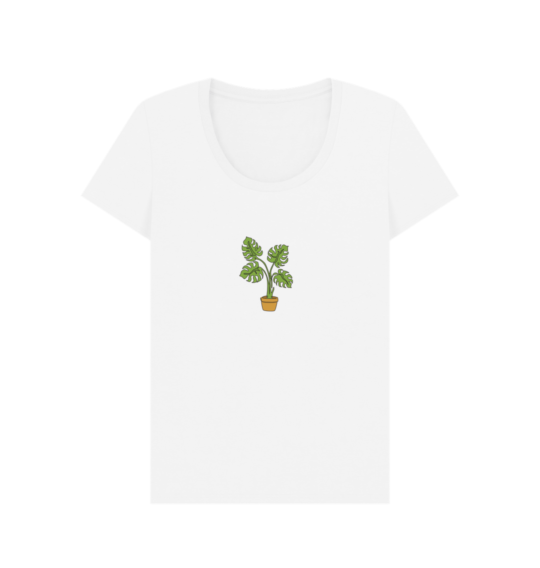 White Women's Monstera Organic Cotton Scoop Neck Tee - Black Design