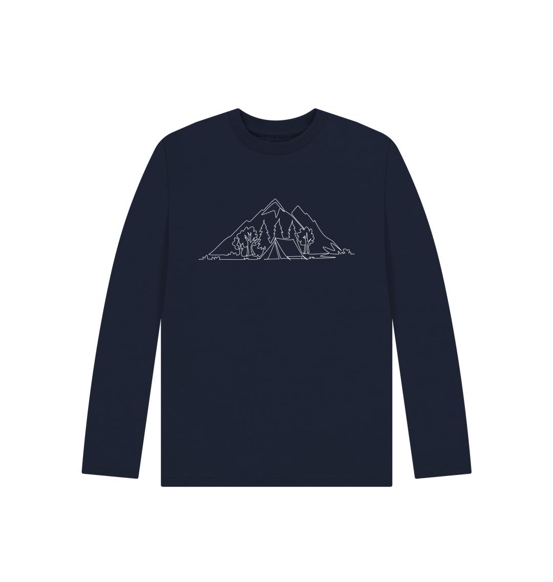 Navy Blue Kid's Camping Organic Cotton Long Sleeve Tee (White)