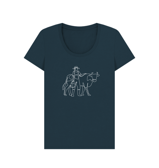 Denim Blue Women's Cow Organic Cotton Scoop Neck Tee (White)