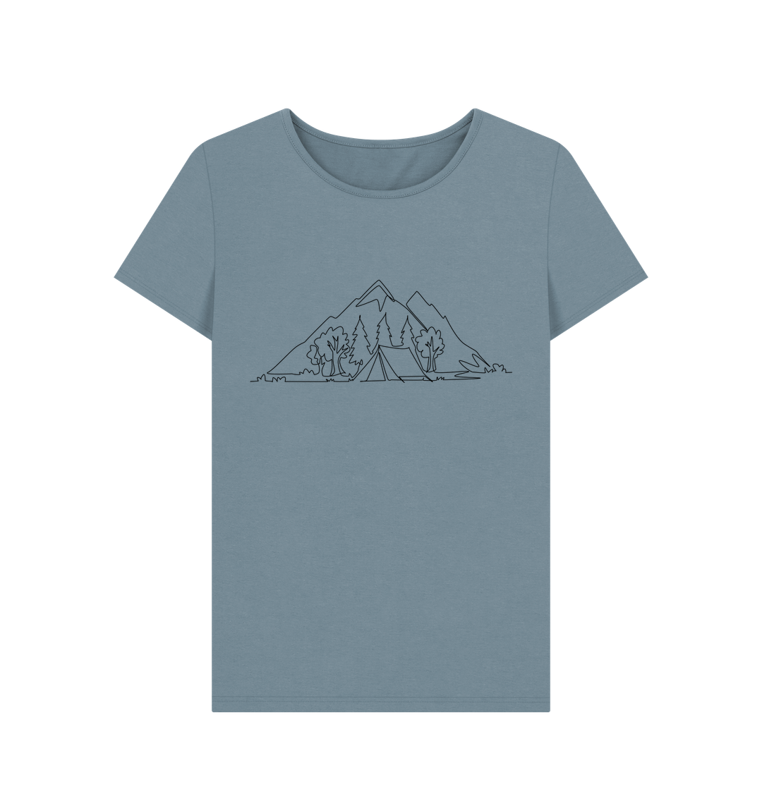 Stone Blue Women's Camping Organic Cotton Crewneck Tee (Black)