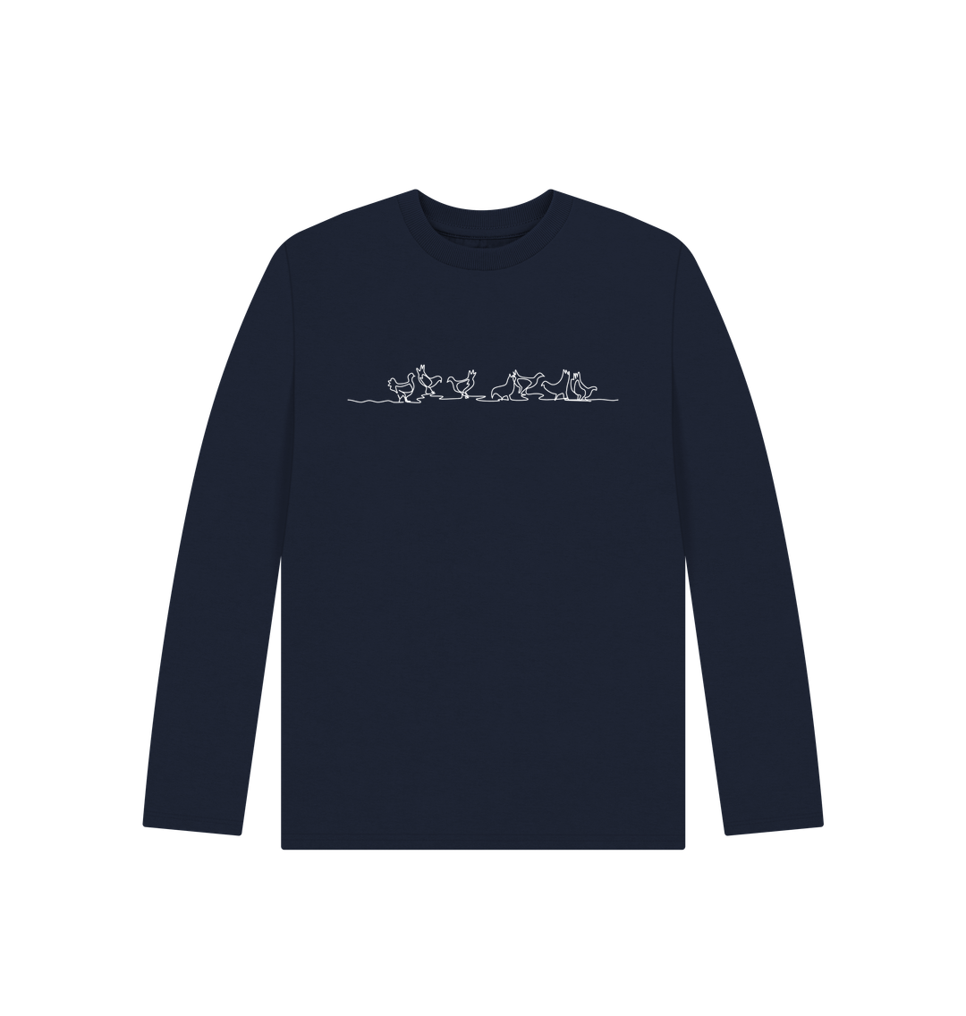 Navy Blue Kid's Chickens Organic Cotton Long Sleeve Tee (White)