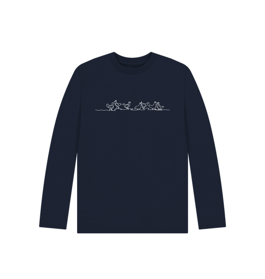 Navy Blue Kid's Chickens Organic Cotton Long Sleeve Tee (White)