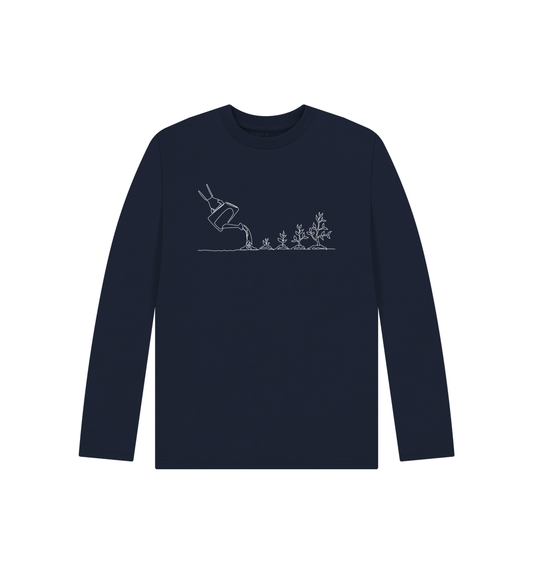 Navy Blue Kid's Gardening Organic Cotton Long Sleeve Tee (White)