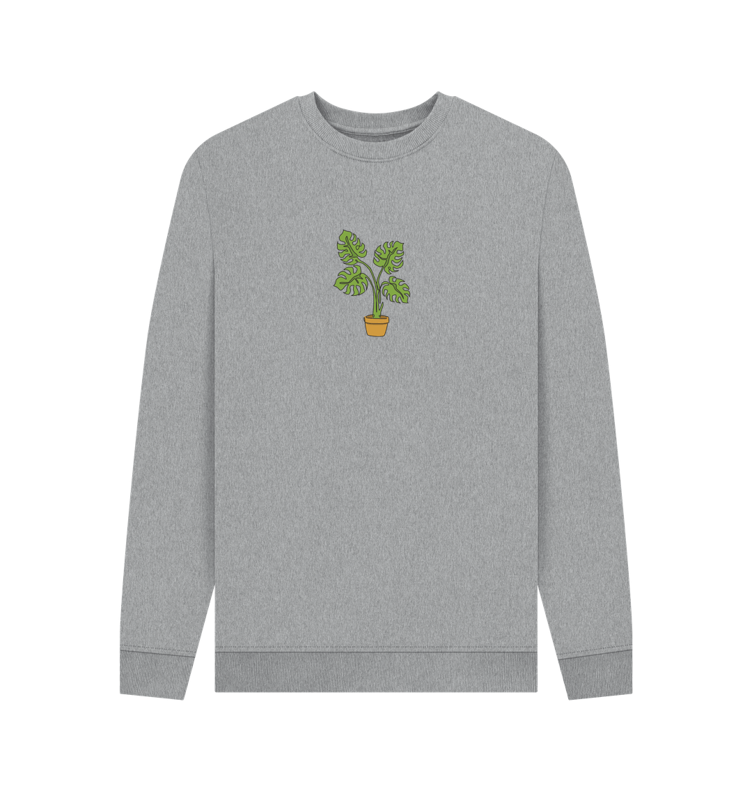 Light Heather Men's Monstera Organic Cotton Crewneck Sweater - Black Design