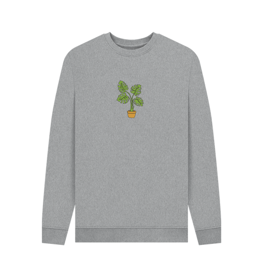 Light Heather Men's Monstera Organic Cotton Crewneck Sweater - Black Design