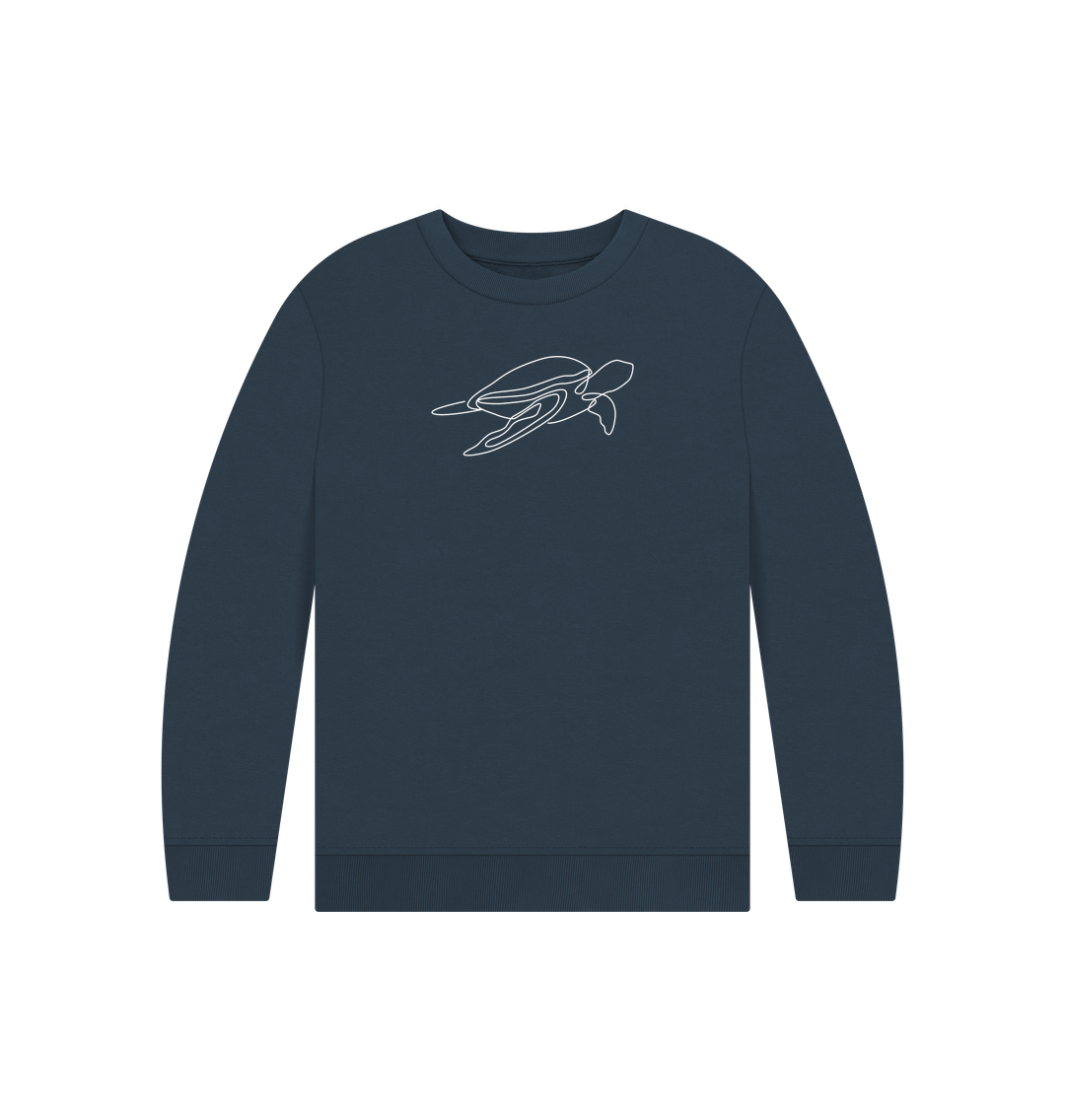 Navy Blue Kid's Sea Turtle Organic Cotton Crewneck Sweater (White)