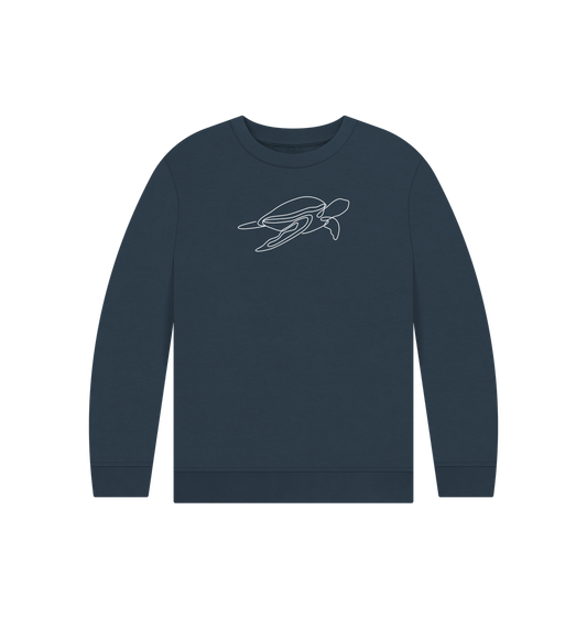 Navy Blue Kid's Sea Turtle Organic Cotton Crewneck Sweater (White)