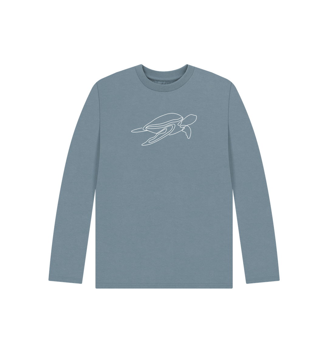 Stone Blue Kid's Sea Turtle Organic Cotton Long Sleeve Tee (White)