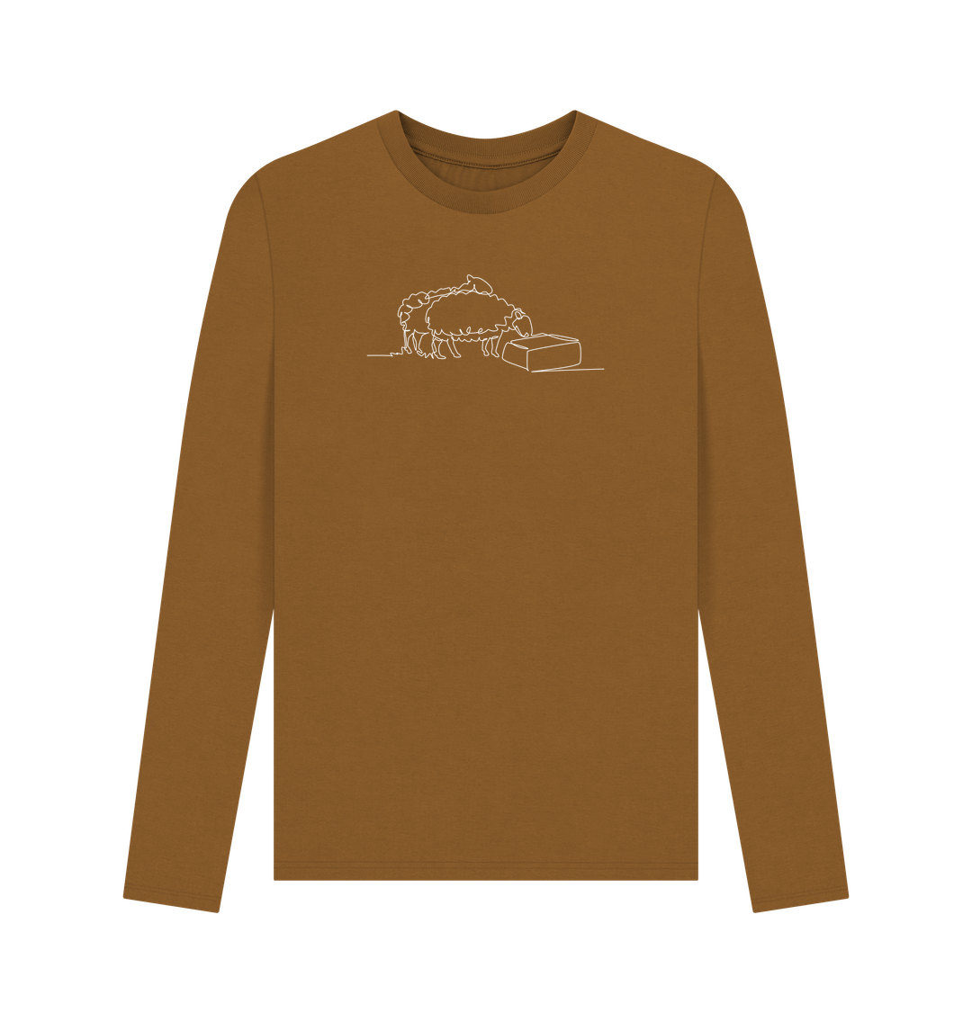Brown Men's Sheep Organic Cotton Long Sleeve Tee - White Design