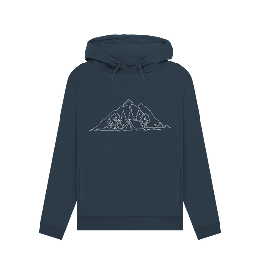 Navy Blue Women's Camping Organic Cotton Pullover Hoodie (White)