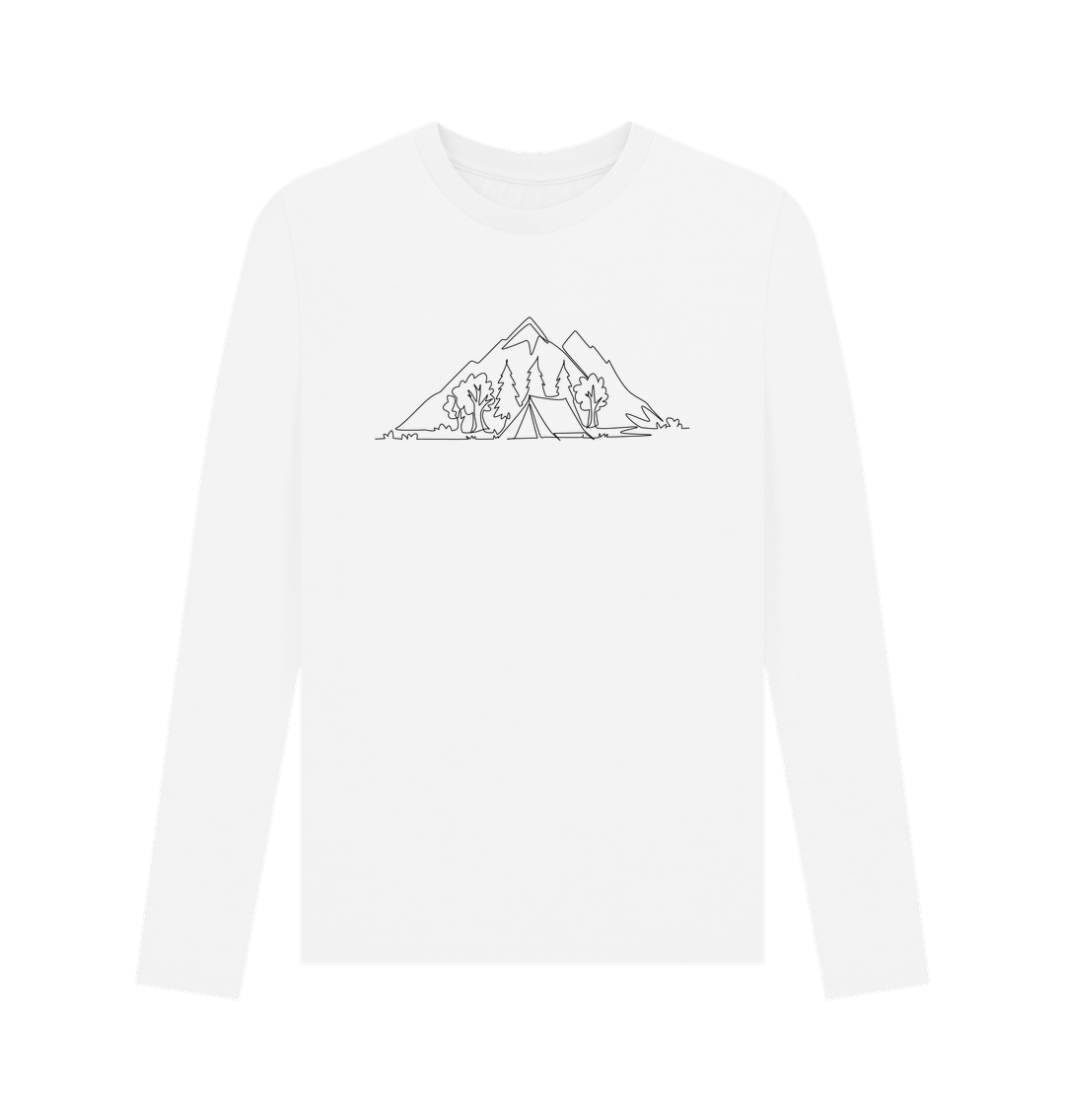White Men's Camping Organic Cotton Long Sleeve Tee - Black Design
