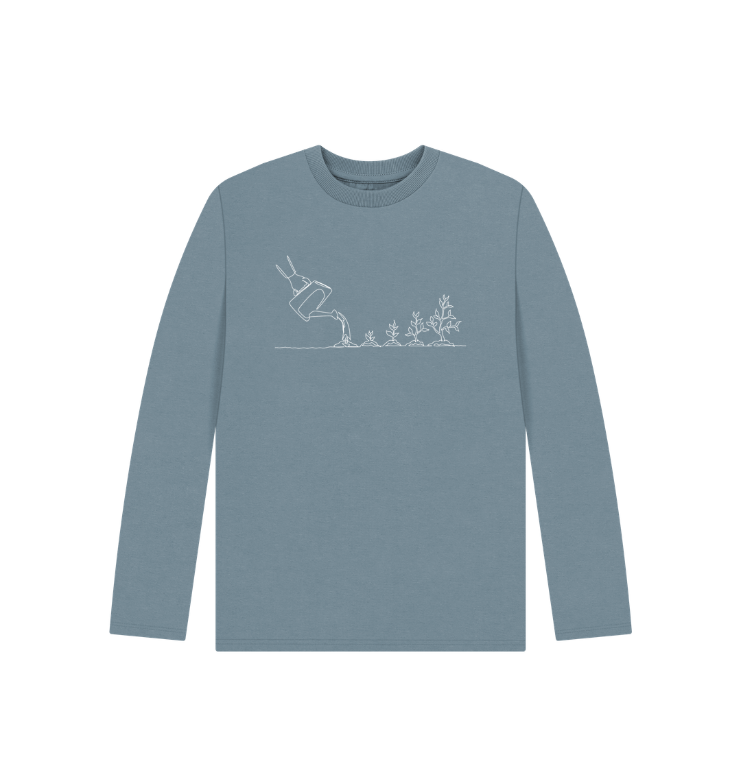 Stone Blue Kid's Gardening Organic Cotton Long Sleeve Tee (White)