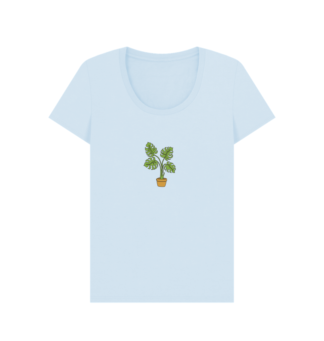 Sky Blue Women's Monstera Organic Cotton Scoop Neck Tee - Black Design