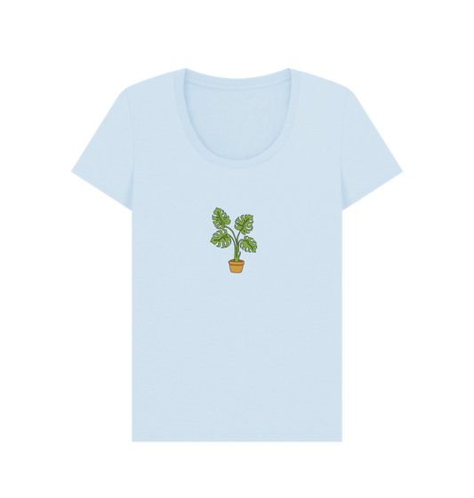 Sky Blue Women's Monstera Organic Cotton Scoop Neck Tee - Black Design