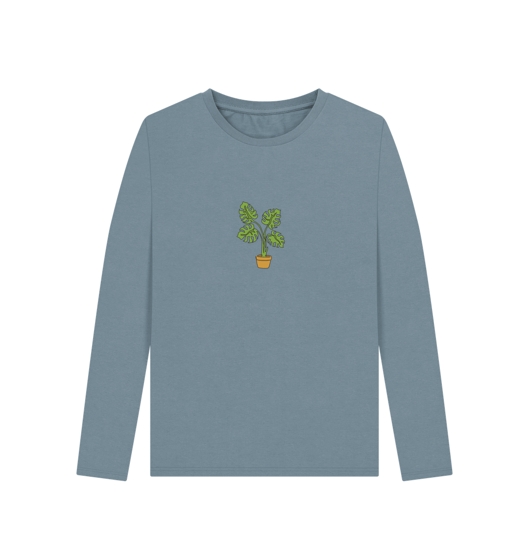 Stone Blue Women's Monstera Organic Cotton Long Sleeve Tee - Black Design