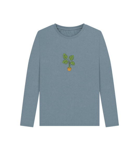 Stone Blue Women's Monstera Organic Cotton Long Sleeve Tee - Black Design