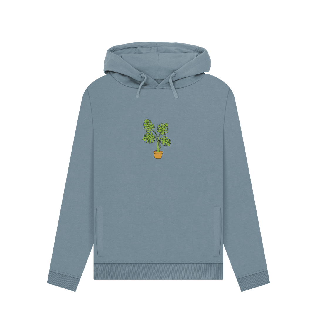 Stone Blue Women's Monstera Organic Cotton Pullover Hoodie - Black Design