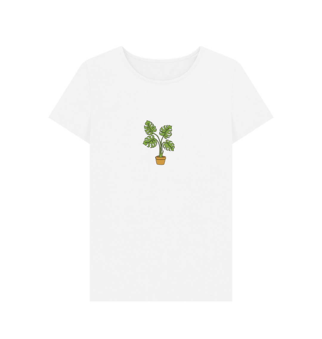 White Women's Monstera Organic Cotton Crewneck Tee - Black Design