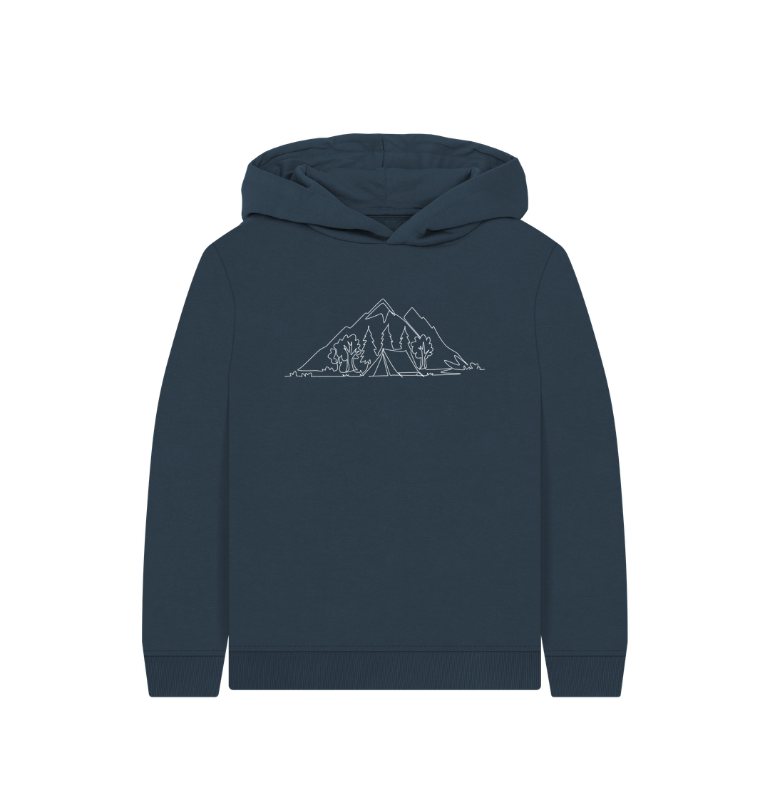 Navy Blue Kid's Camping Organic Cotton Pullover Hoodie (White)