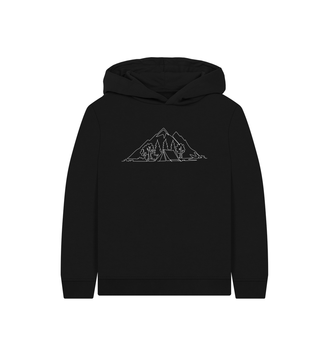 Black Kid's Camping Organic Cotton Pullover Hoodie (White)