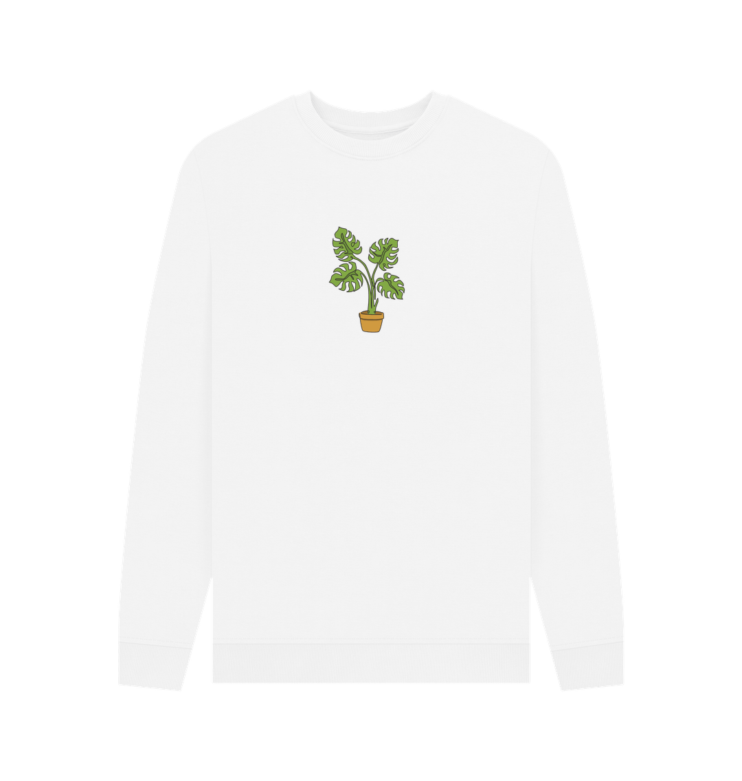 White Men's Monstera Organic Cotton Crewneck Sweater - Black Design