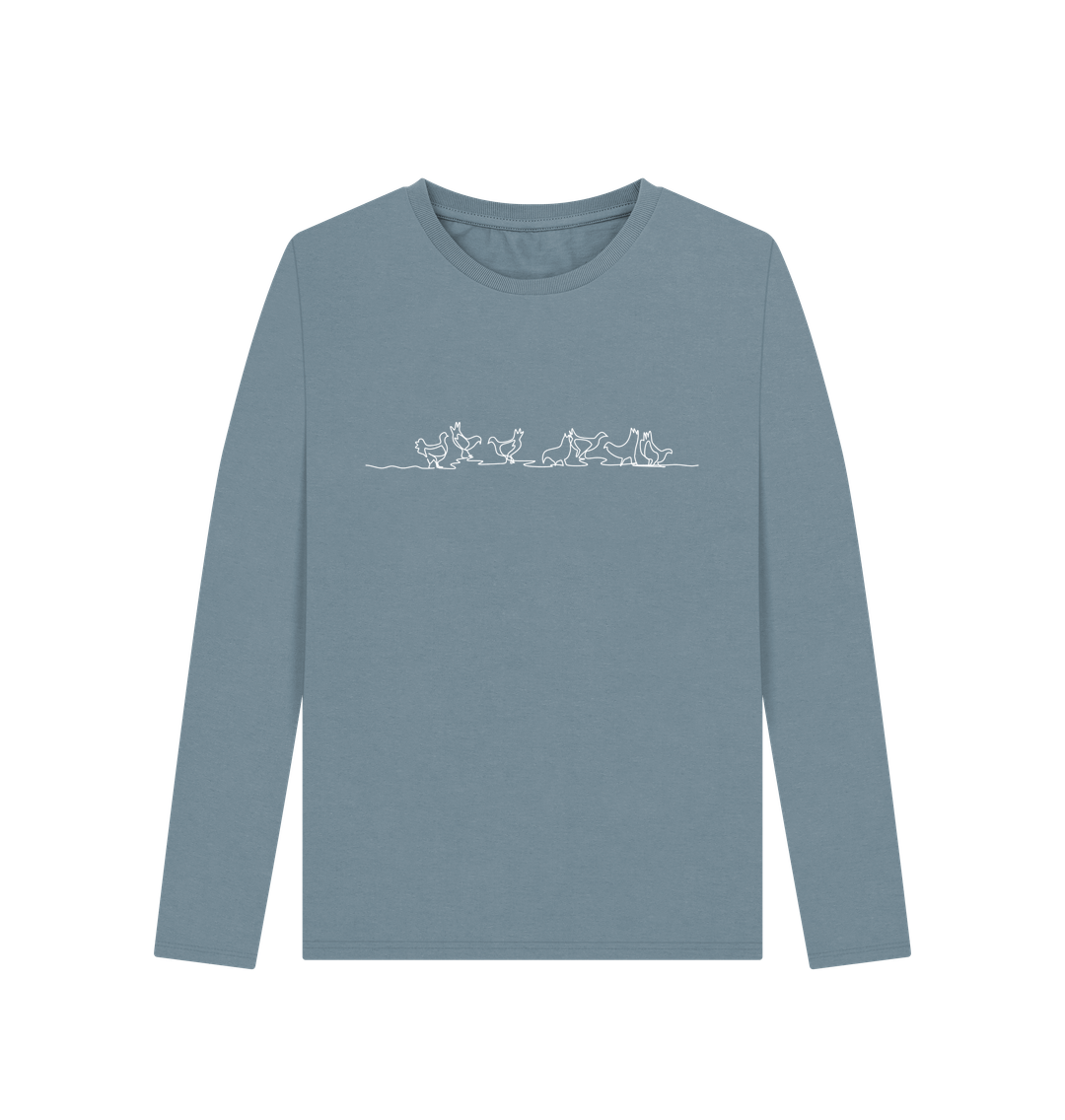 Stone Blue Women's Chickens Organic Cotton Long Sleeve Tee (White)