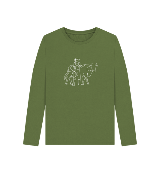 Khaki Women's Cow Organic Cotton Long Sleeve Tee (White)
