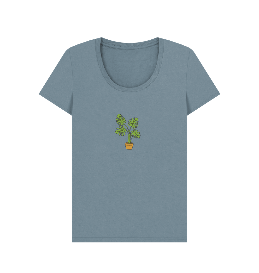 Stone Blue Women's Monstera Organic Cotton Scoop Neck Tee - Black Design