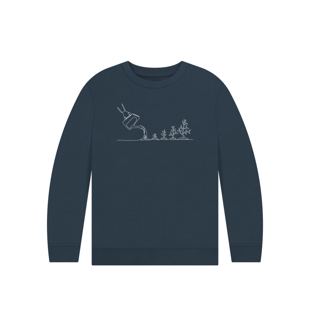 Navy Blue Kid's Gardening Organic Cotton Crewneck Sweater (White)