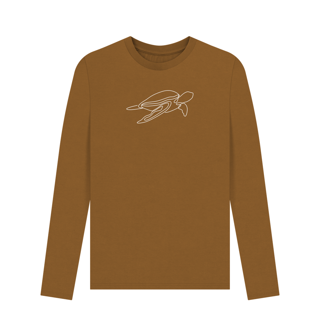 Brown Men's Sea Turtle Organic Cotton Long Sleeve Tee - White Design