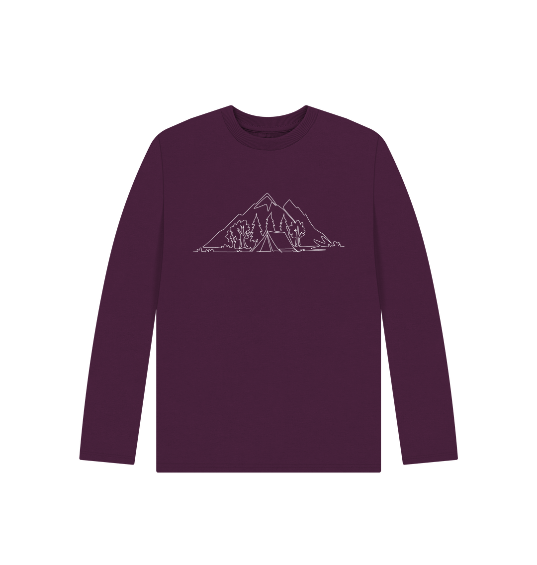 Purple Kid's Camping Organic Cotton Long Sleeve Tee (White)