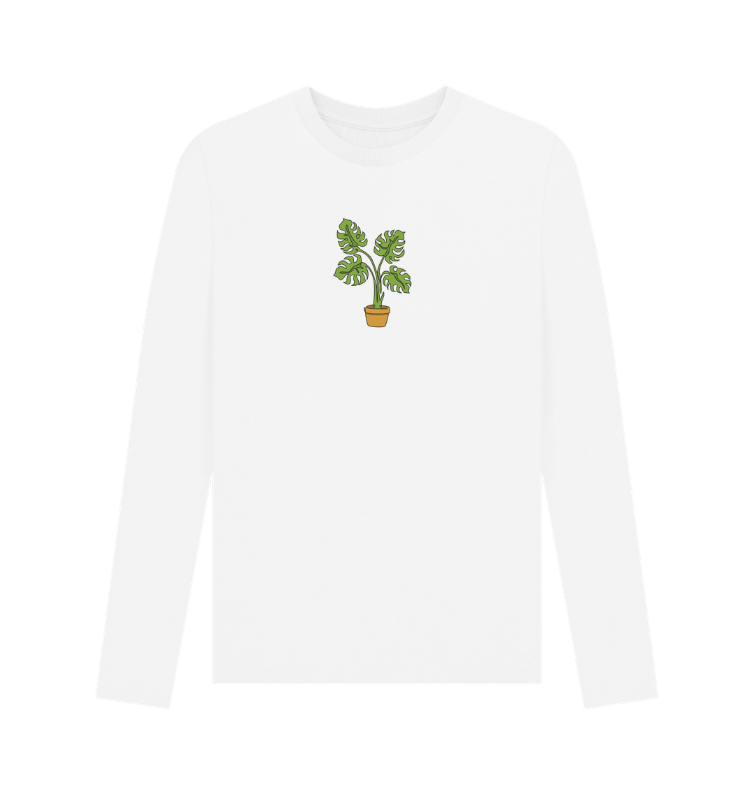 White Men's Monstera Organic Cotton Long Sleeve Tee - Black Design