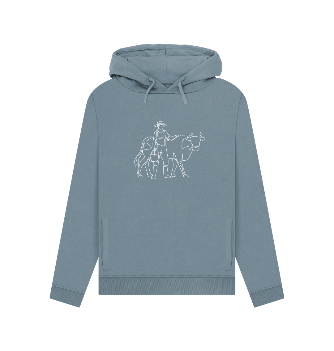 Stone Blue Women's Cow Organic Cotton Pullover Hoodie (White)