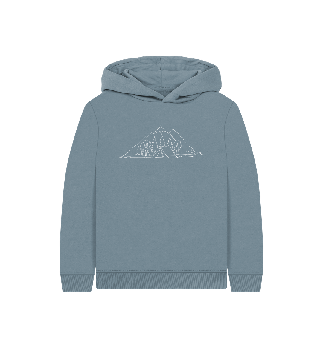 Stone Blue Kid's Camping Organic Cotton Pullover Hoodie (White)