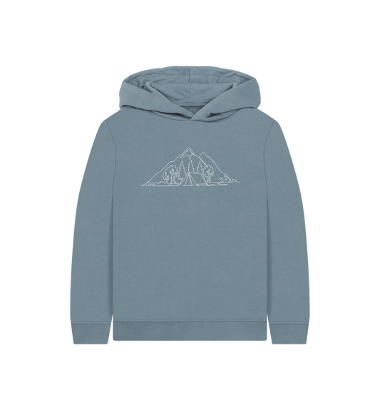 Stone Blue Kid's Camping Organic Cotton Pullover Hoodie (White)