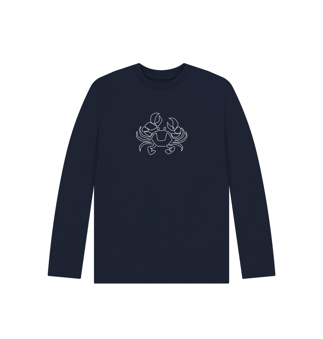 Navy Blue Kid's Crab Organic Cotton Long Sleeve Tee (White)