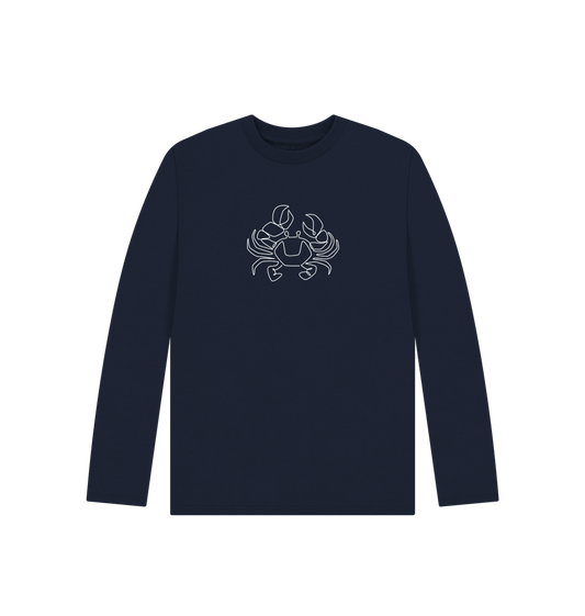 Navy Blue Kid's Crab Organic Cotton Long Sleeve Tee (White)