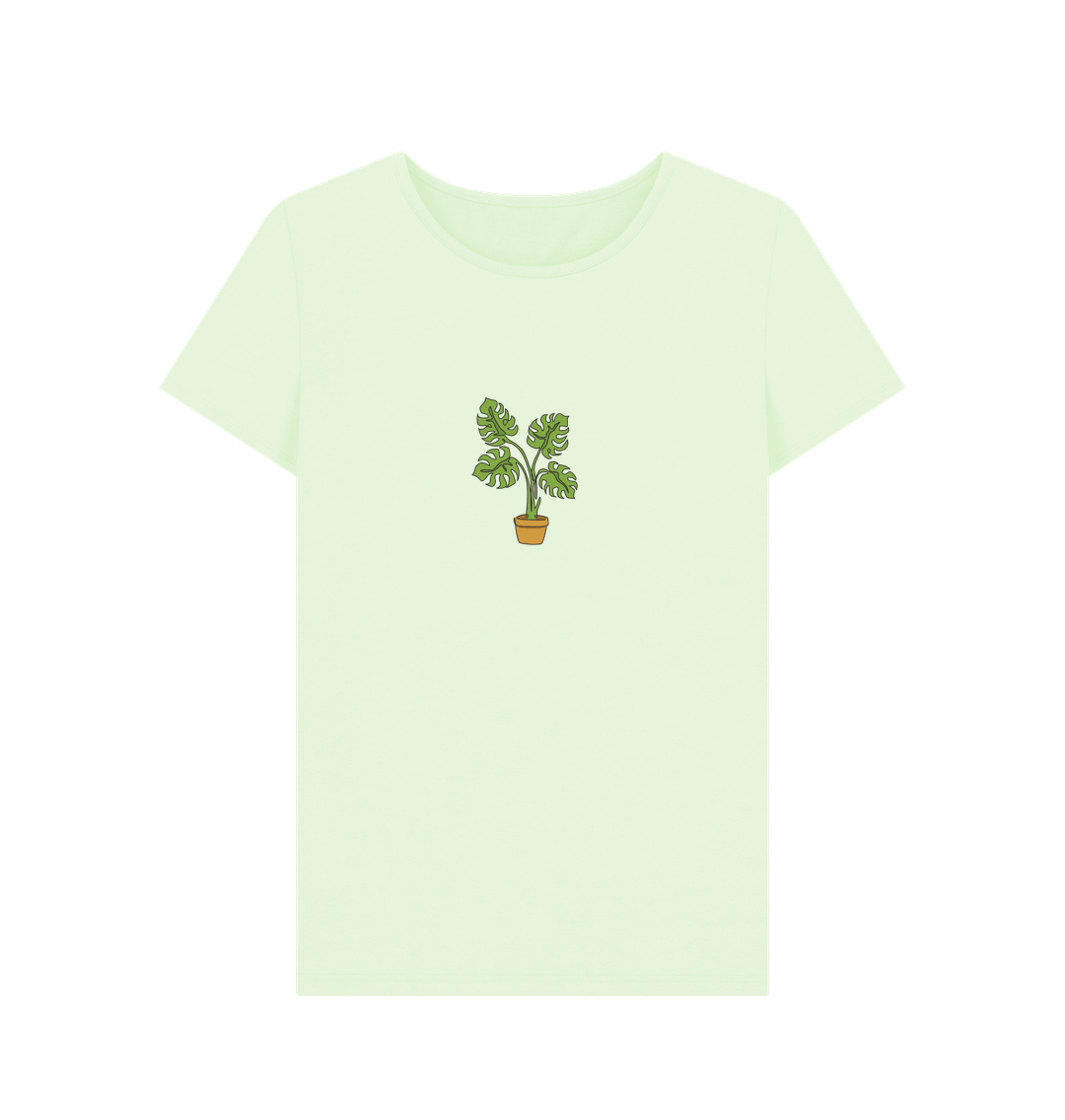 Pastel Green Women's Monstera Organic Cotton Crewneck Tee - Black Design