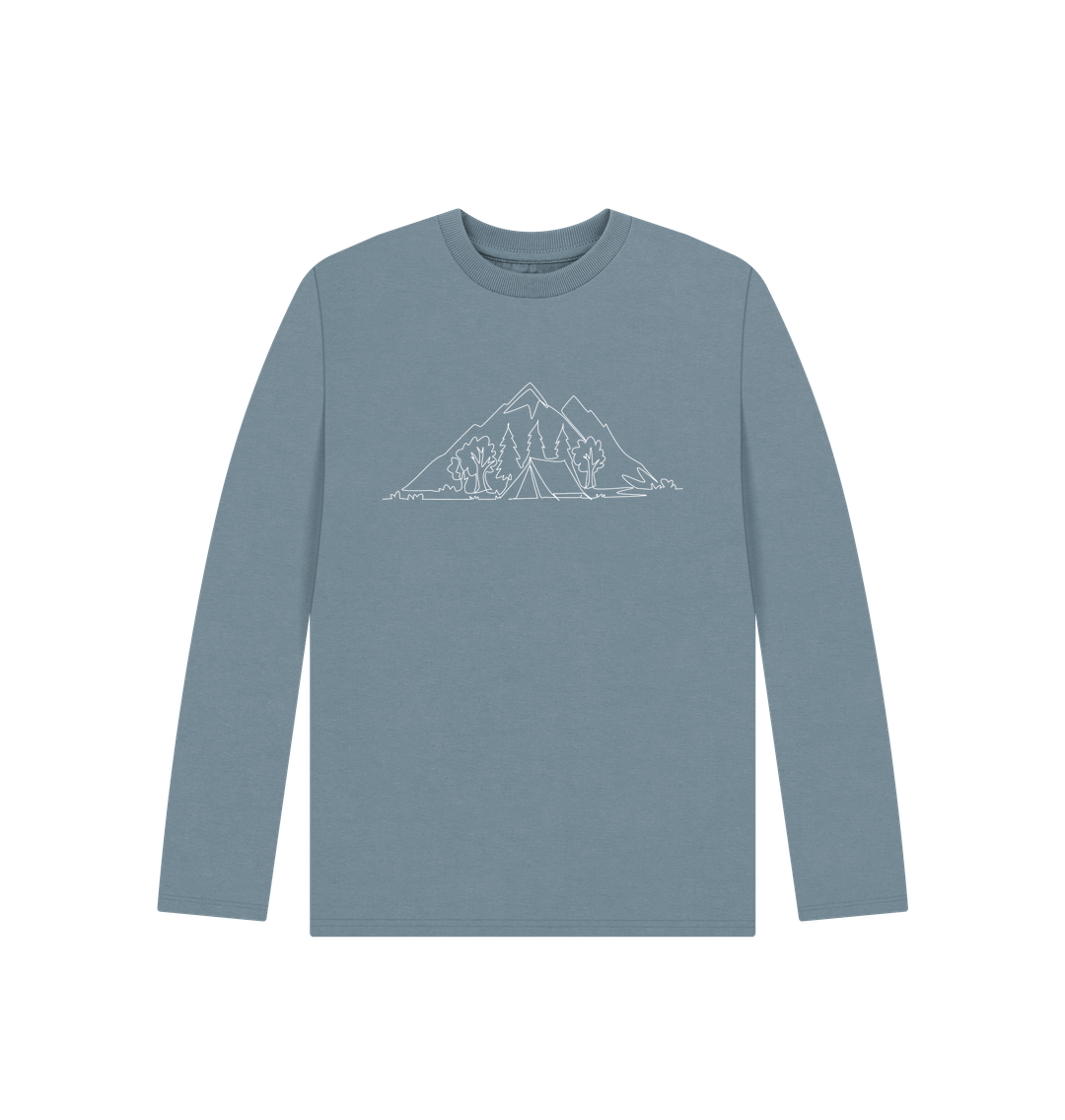 Stone Blue Kid's Camping Organic Cotton Long Sleeve Tee (White)